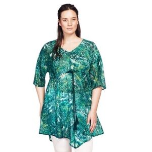 Ellos Green Exotic Peacock Sheer Print Cinched Waist Tunic Size 3X